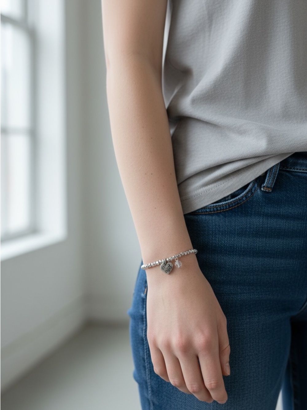 10/24 Silver Heart Charm Stretch Bracelet - Women Jewelry